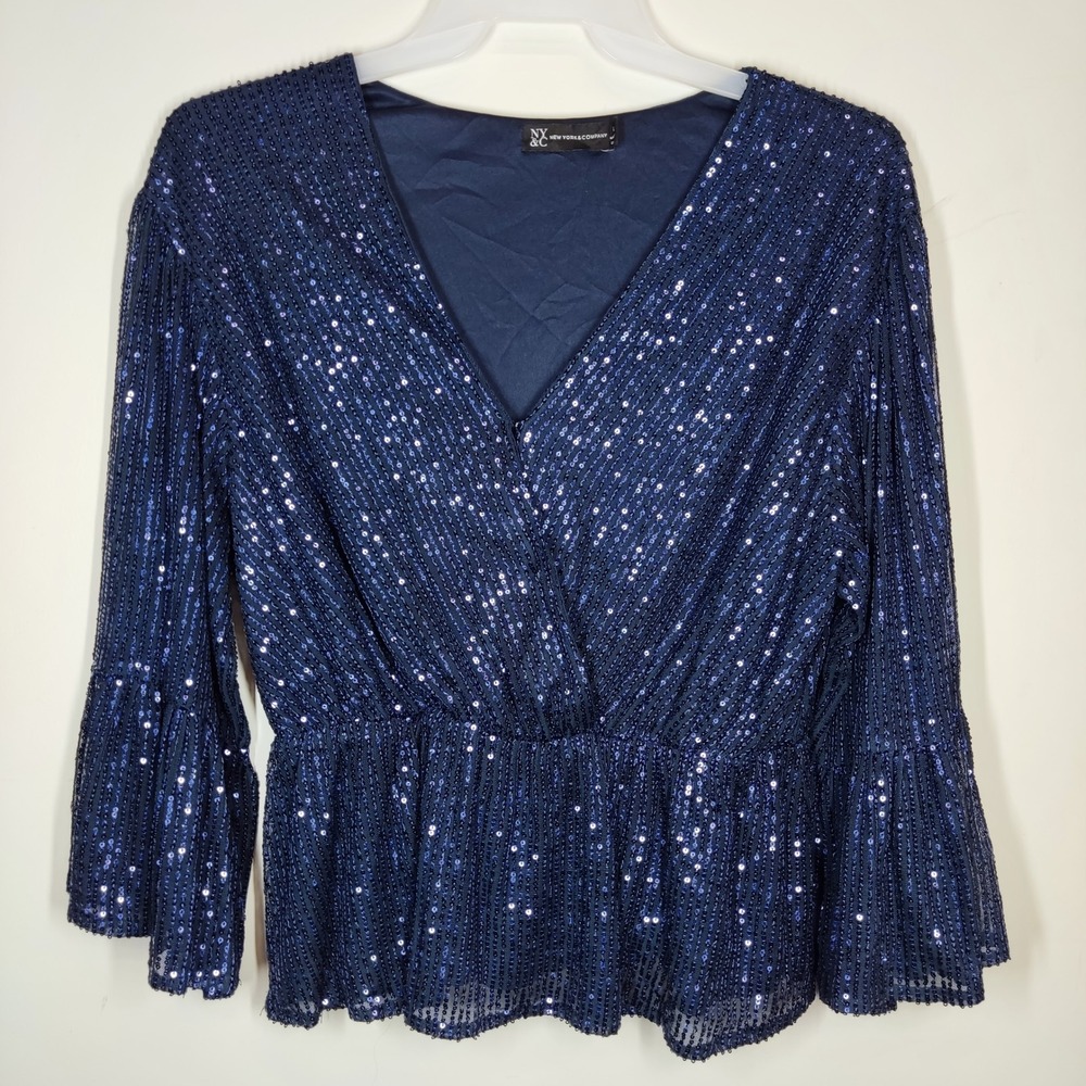 New York & Company Blouse Womens L Blue Sequin Peplum Bell Sleeve V-Neck Top